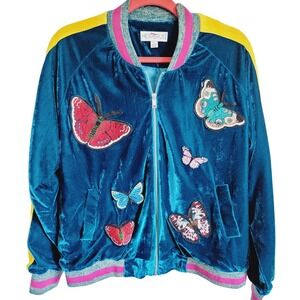 Hesperus L Butterflies Aqua Bomber‎ Jacket Women Velvet 1980's Style Cuff Slv